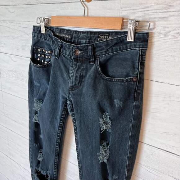 Obey Propaganda Jeans SZ 28X34 Blackish Blue Debbie Fit Low Waist Skinny Studs - Picture 9 of 14